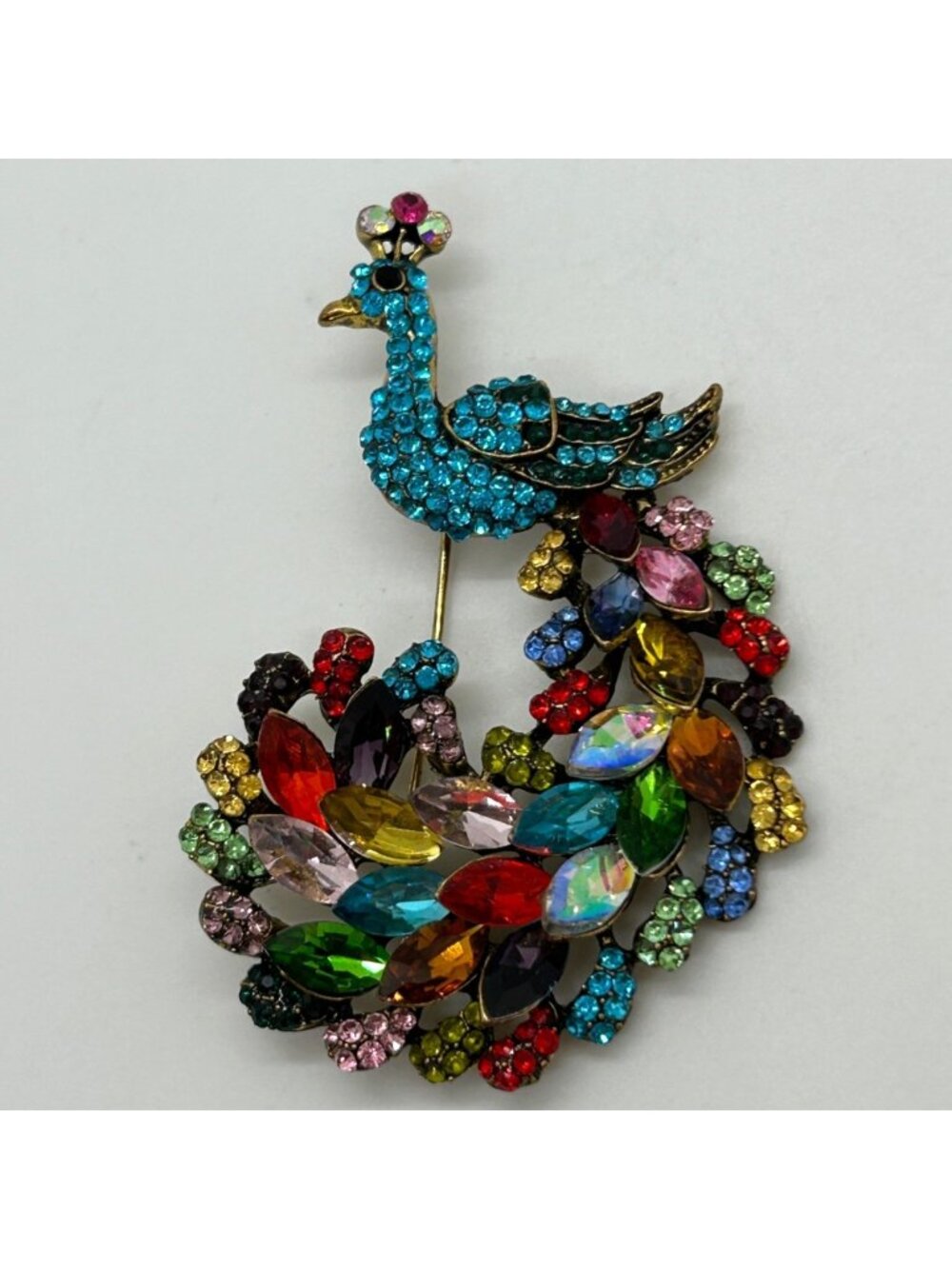 Multicolor Rhinestone Peacock Brooch Pin Crystal Statement Gold Tone